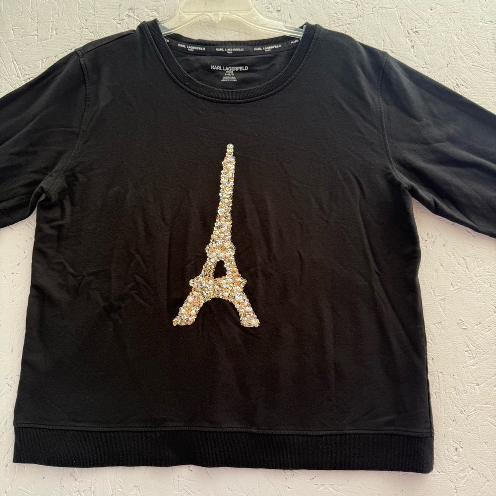 Karl Lagerfeld Black Tee with Sequined Eiffel Tower Size Large Long Sleeve